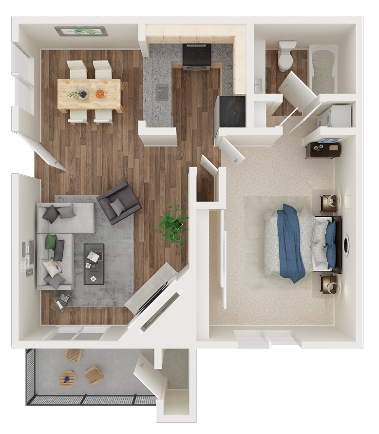 Floor plan for 1 bed, 1 bath, 640 sqft